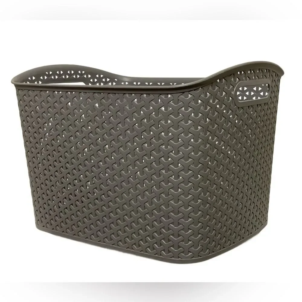 Charcoal Gray Decorative Storage Basket w/Large Y-Weave Design 16.5”x12.75”x11”